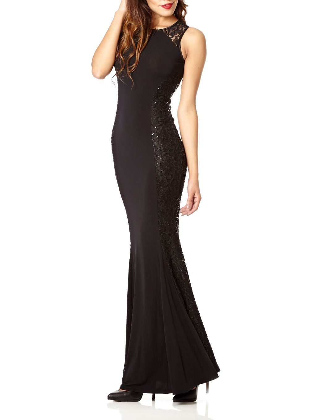 monicabayerdesign: Quiz Black Sequin Lace Bardot Fishtail Maxi Dress