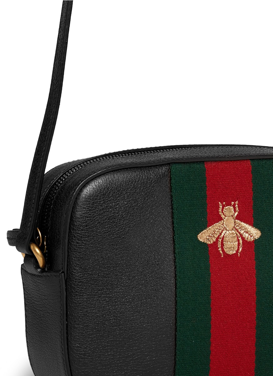 Lyst Gucci Webby Bee Embroidery Web Leather Crossbody Bag In Red