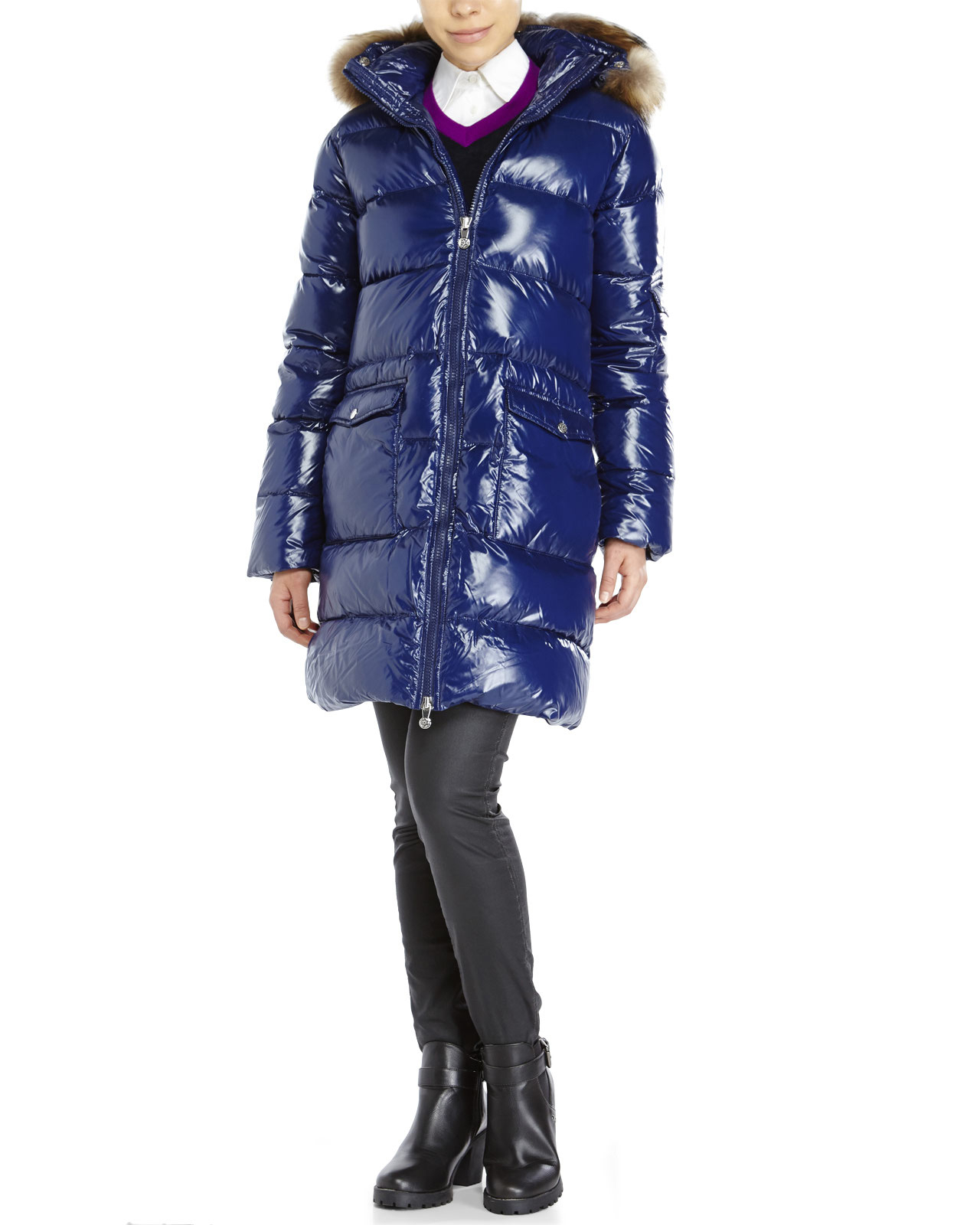 Pyrenex Authentic Shiny Real Fur Trim Down Coat in Blue (Dark Blue) | Lyst