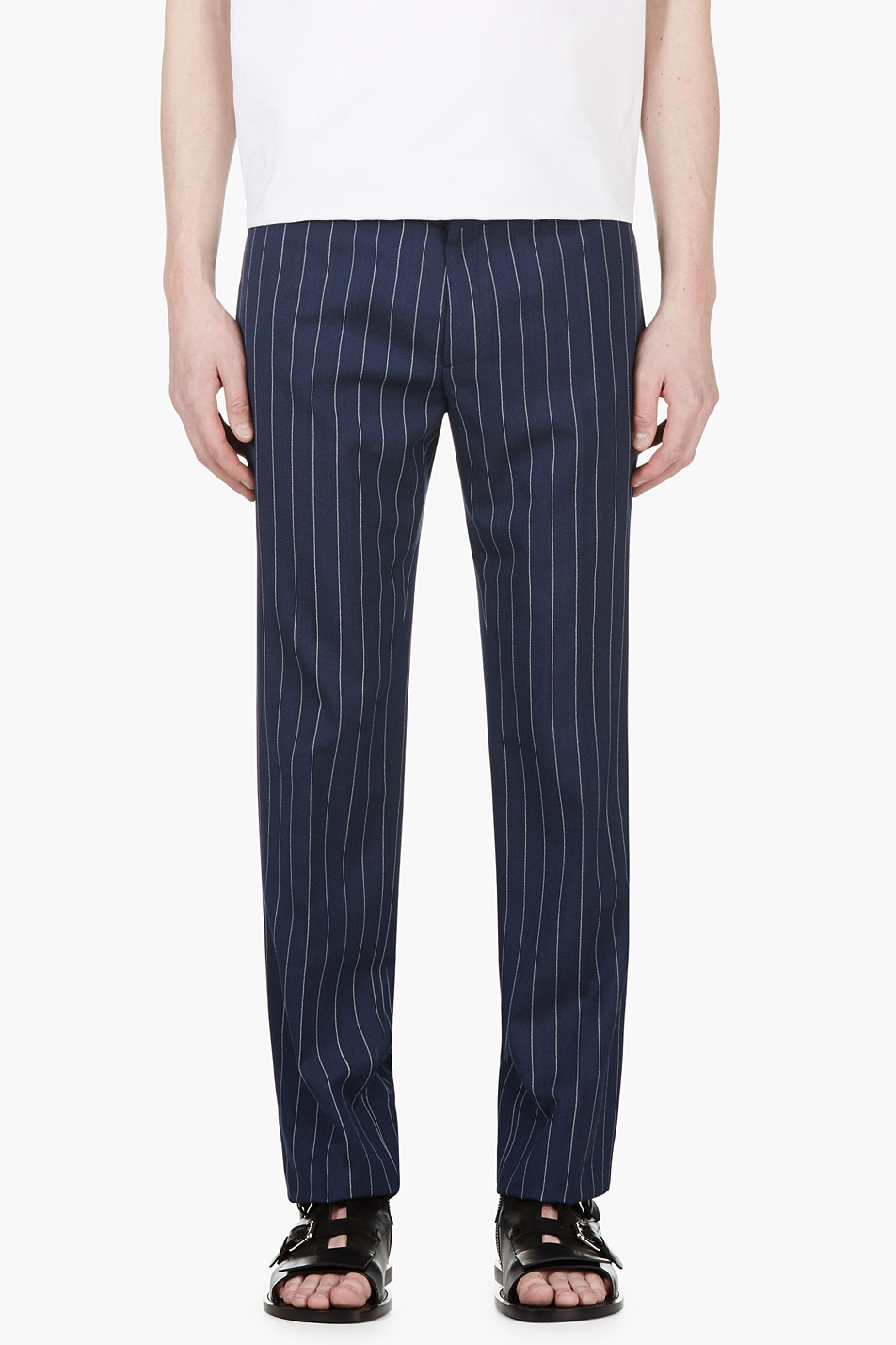 pinstripe navy trousers