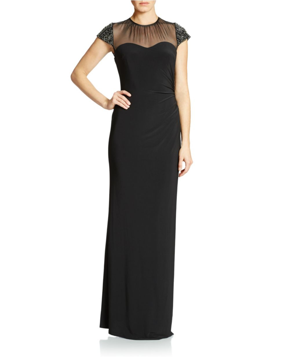 Vince camuto Embellished Cap Sleeve Illusion Neckline Gown in Black | Lyst