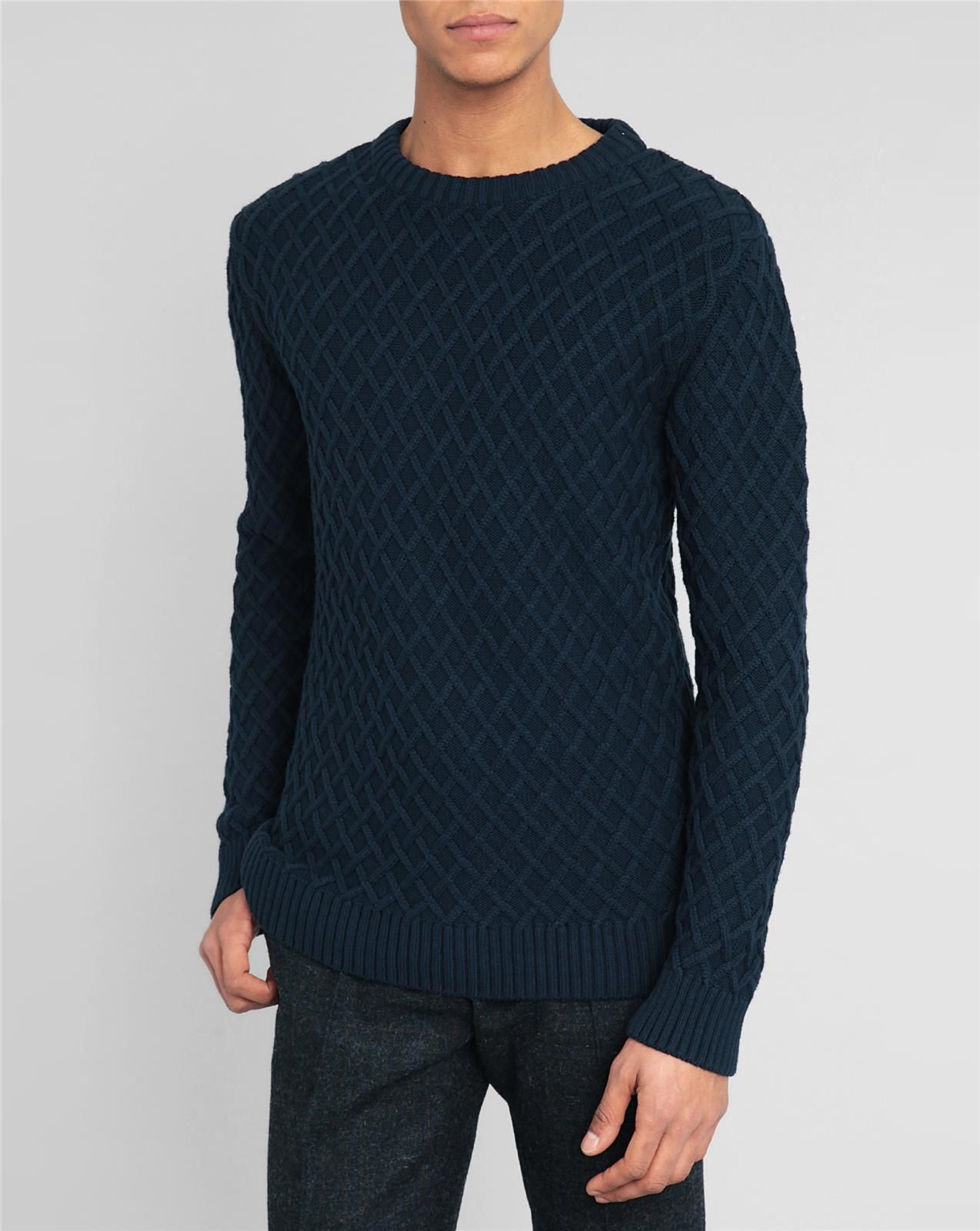 Knowledge cotton apparel Diamond Knit Navy Round Neck Sweater in Blue ...