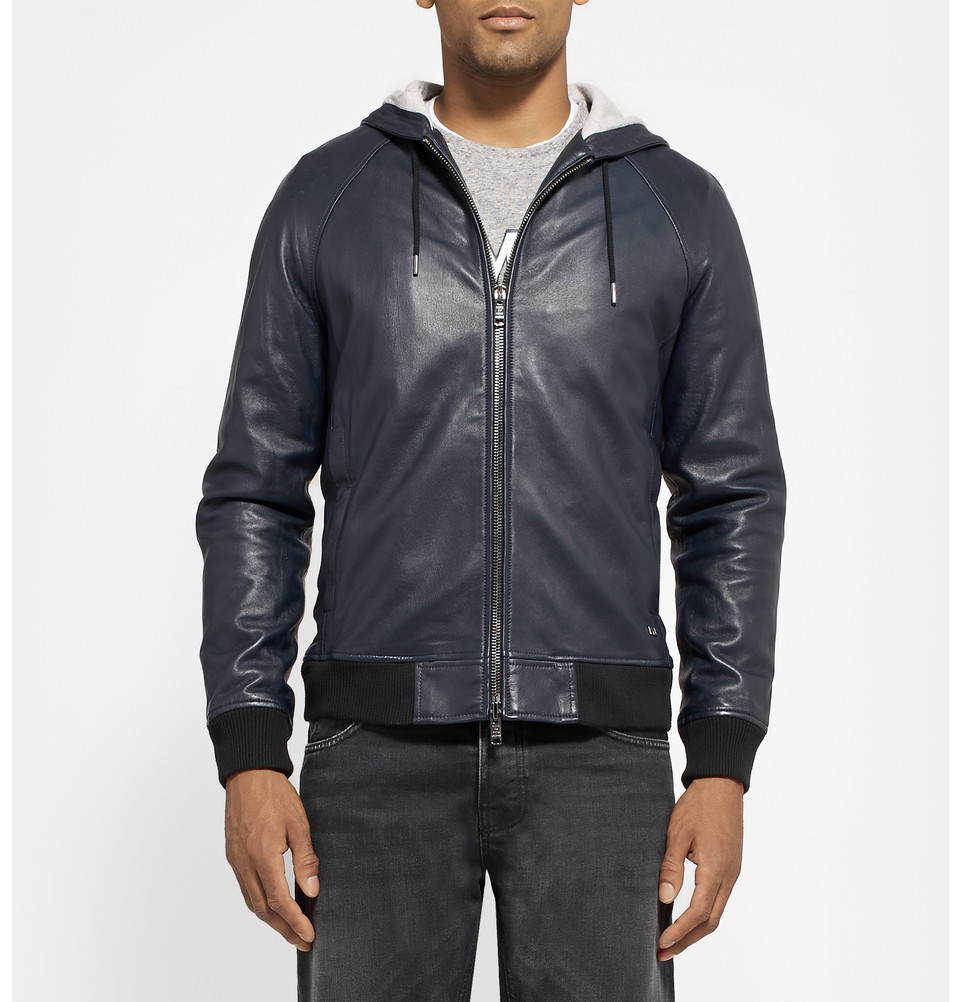 Marc By Marc Jacobs Hooded Leather Bomber Jacket in Blue for Men - Lyst