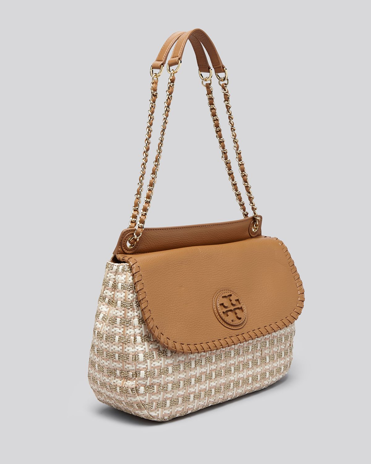 Lyst - Tory Burch Shoulder Bag - Marion Woven Straw Saddle in Metallic