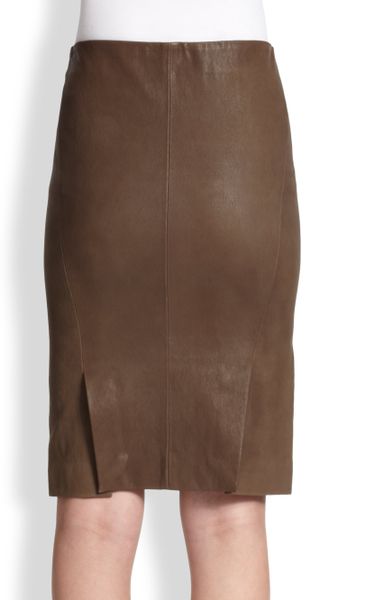 Theory Golda Leather Pencil Skirt in Brown (LIGHT MUD) | Lyst