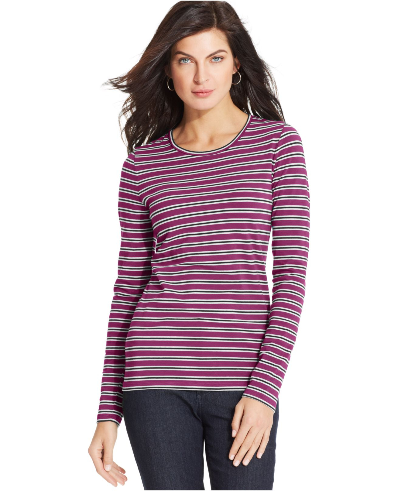 Jones new york Signature Petite Striped Crew-Neck Tee in Purple ...