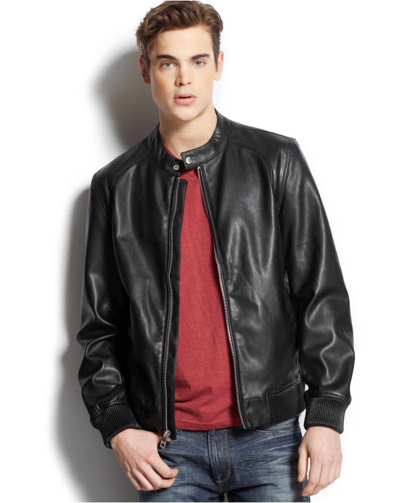 Guess Ribbed Trim Faux Leather Moto Jacket In Black For Men Lyst Gallery