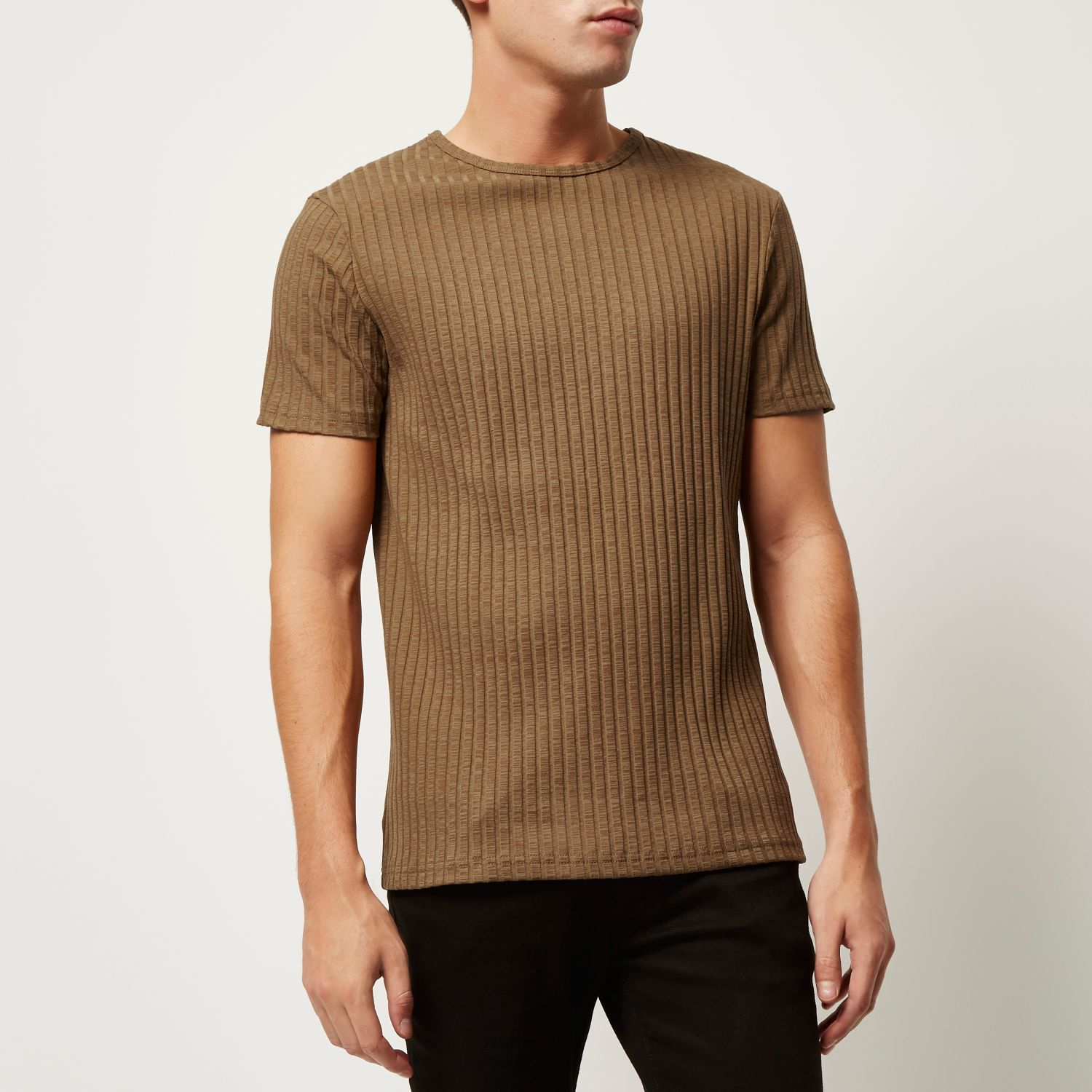 Lyst - River Island Light Brown Chunky Ribbed T-shirt in Brown for Men