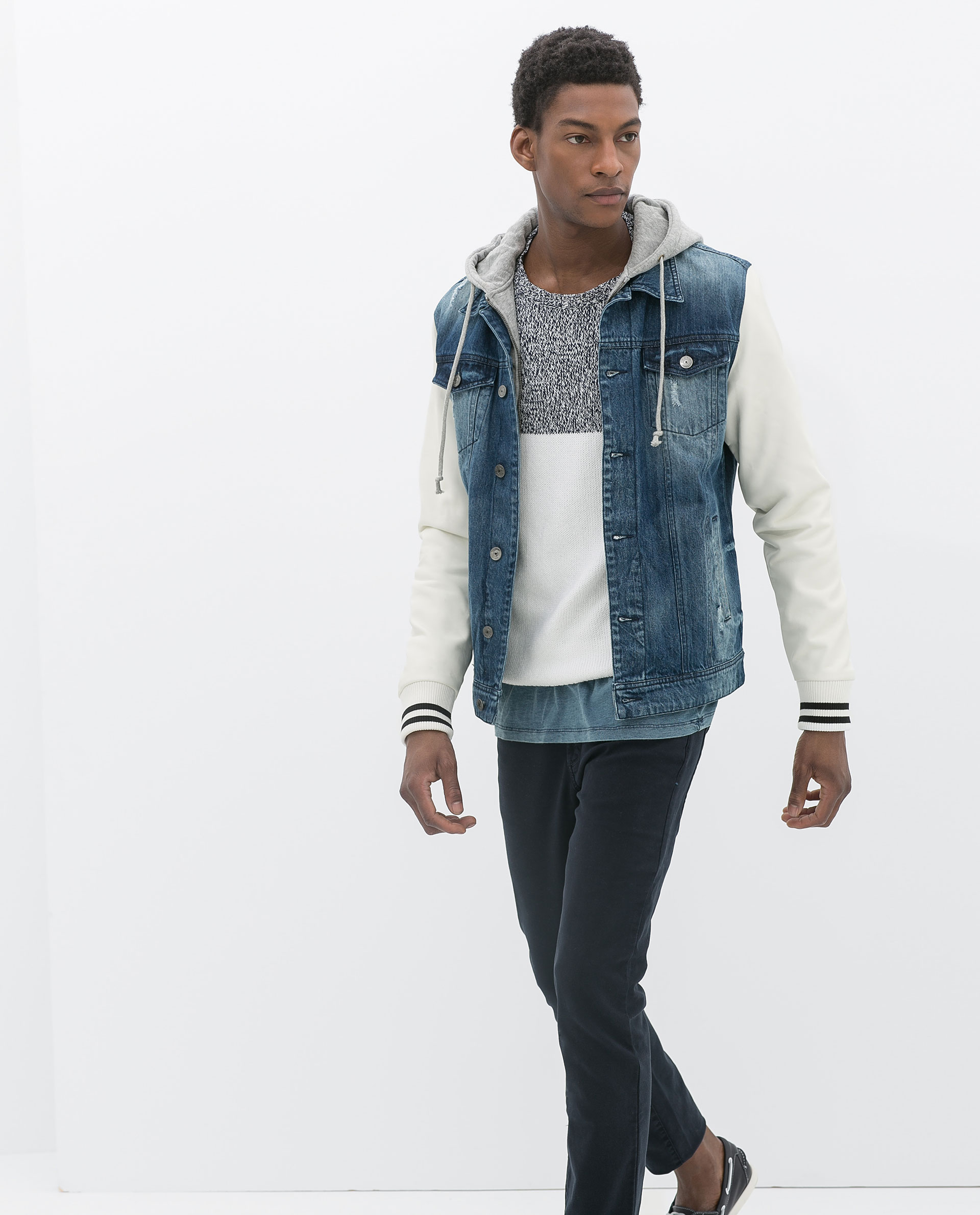 Zara Denim Jacket with Faux Leather Sleeves and Hood in Blue for Men | Lyst