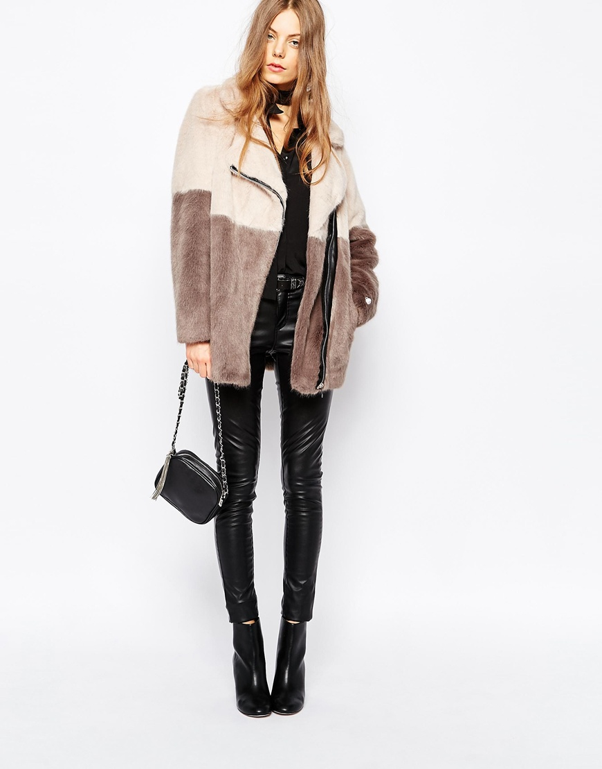 Lyst Urbancode Faux Fur Colour Block Biker Coat In Pink