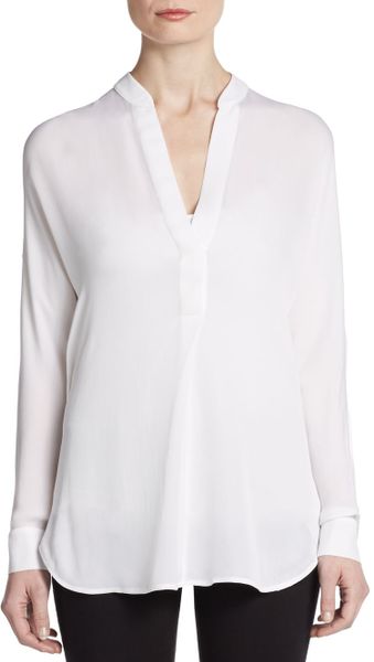 Vince Silk Long-Sleeve Blouse in White | Lyst