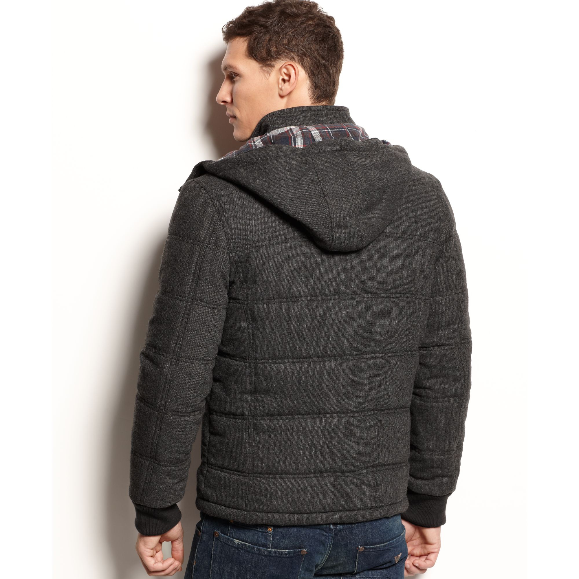 American Rag Tweed Puffer Jacket in Gray for Men - Lyst