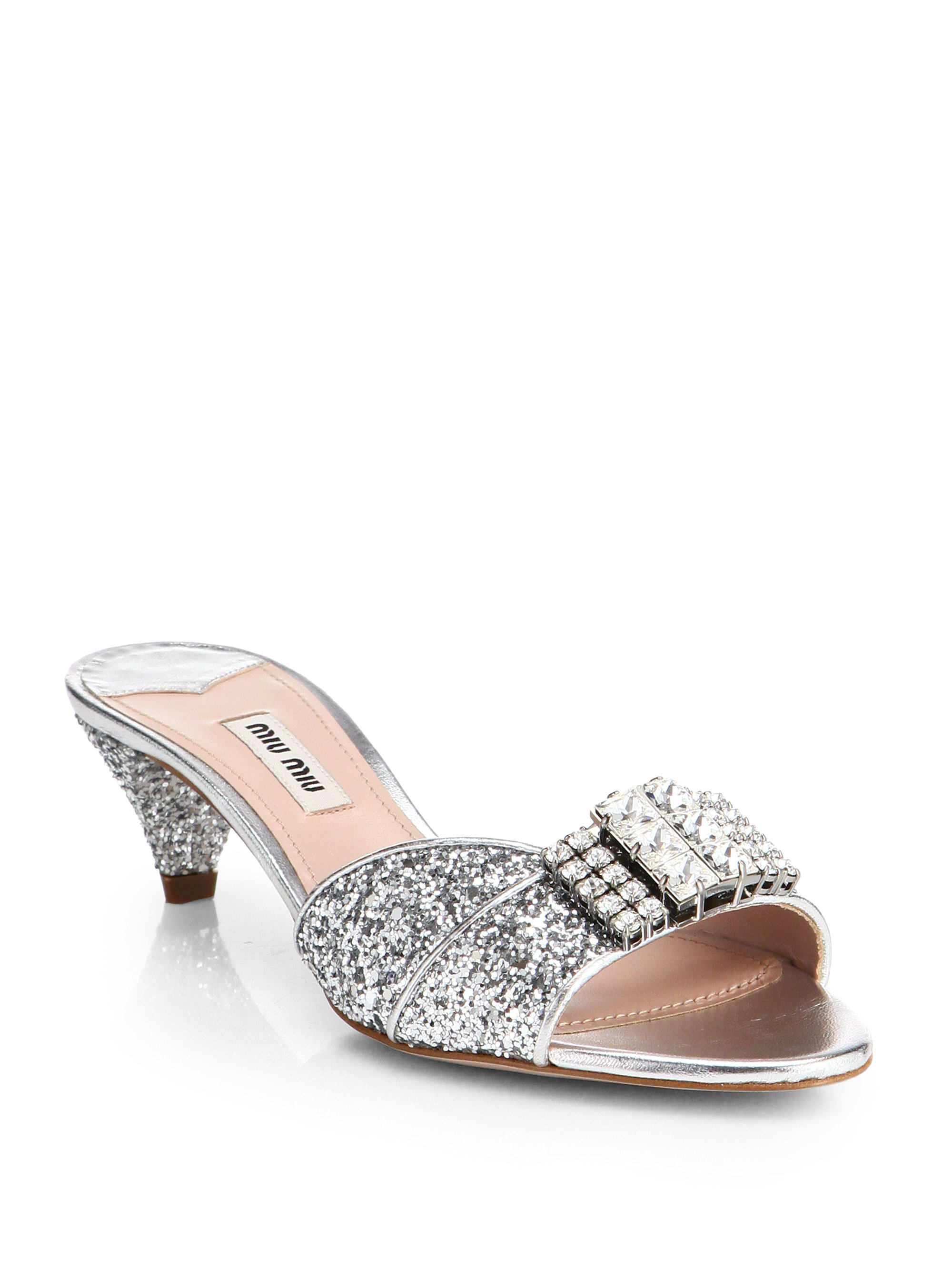 Miu Miu Jeweled Glitter Slides in Silver | Lyst