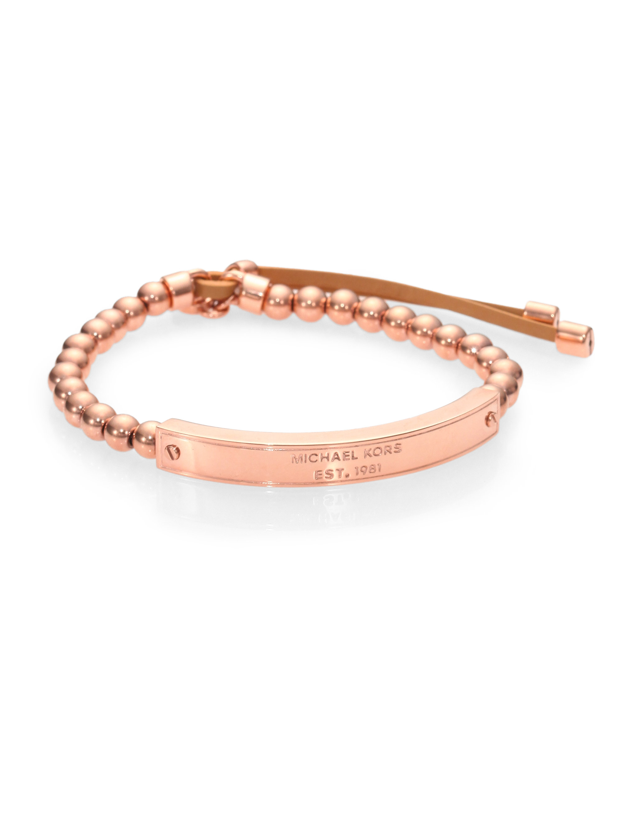 Lyst Michael Kors Heritage Plaque Logo Beaded Leather Bracelet Gallery