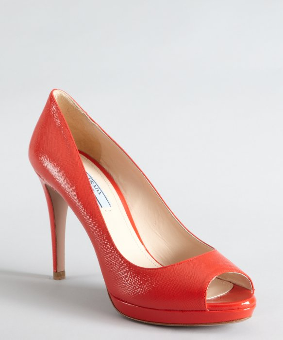 Prada Papaya Saffiano Leather Peep Toe Platforms in Red (papaya ...  