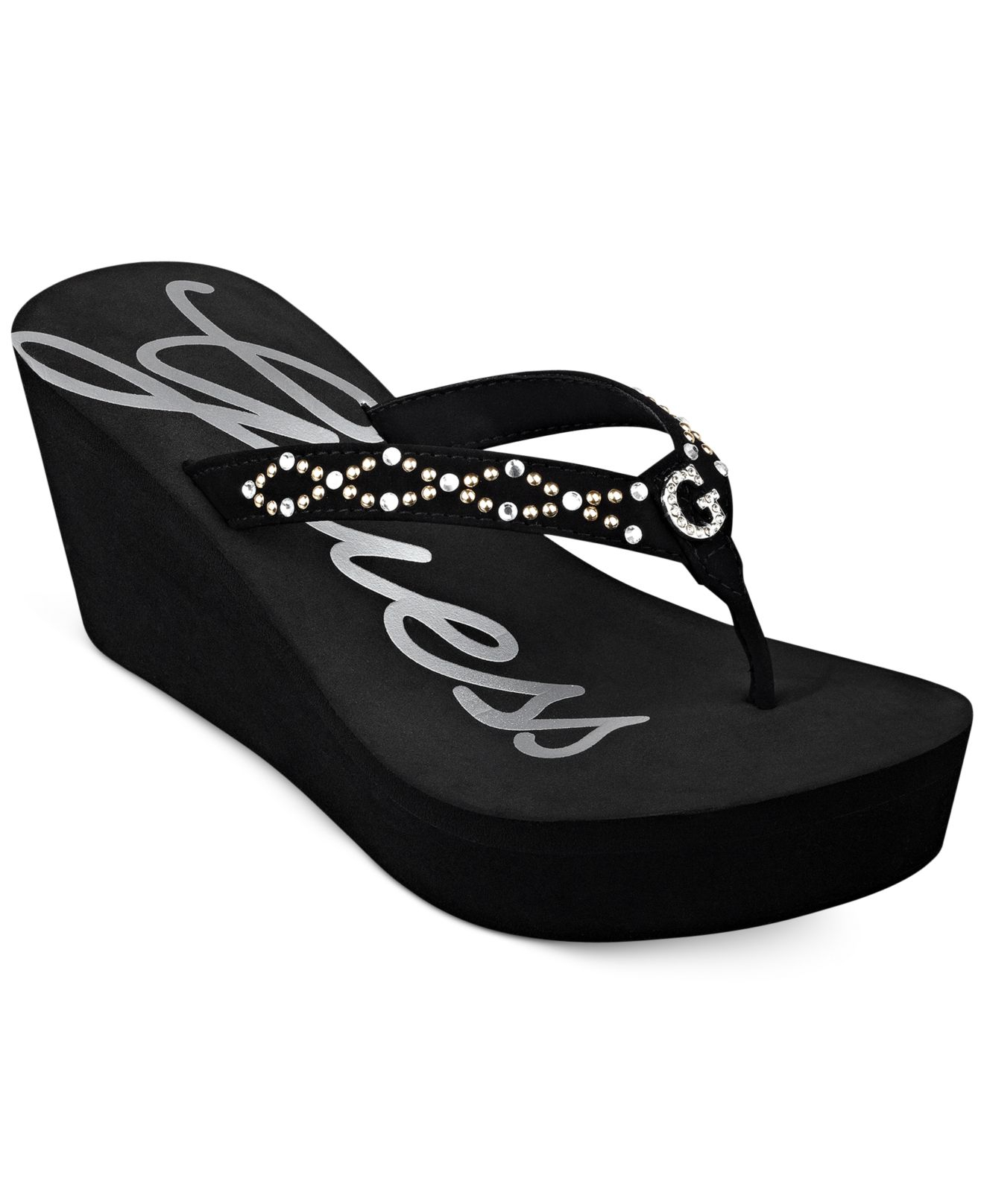 Guess Women S Synclair Platform Wedge Flip Flops In Black