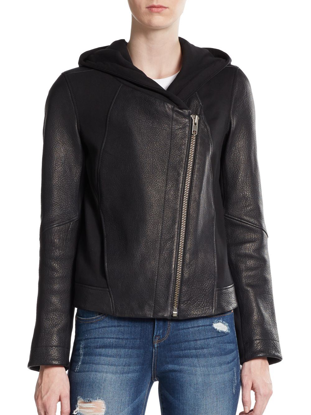 Helmut Lang Hooded Fleece-paneled Leather Jacket in Black | Lyst