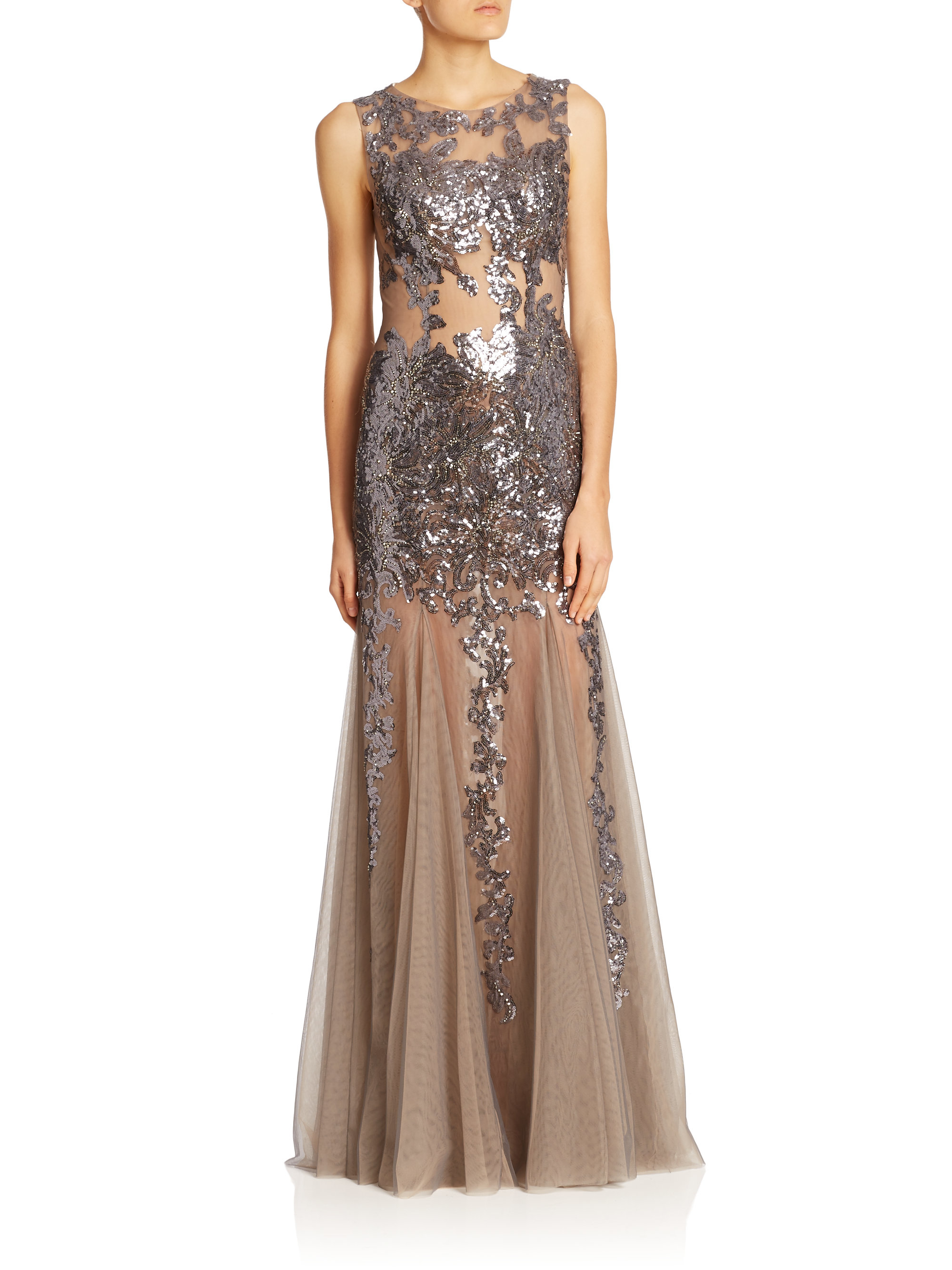 Lyst - Jovani Sequined Applique Sheer Gown in Metallic