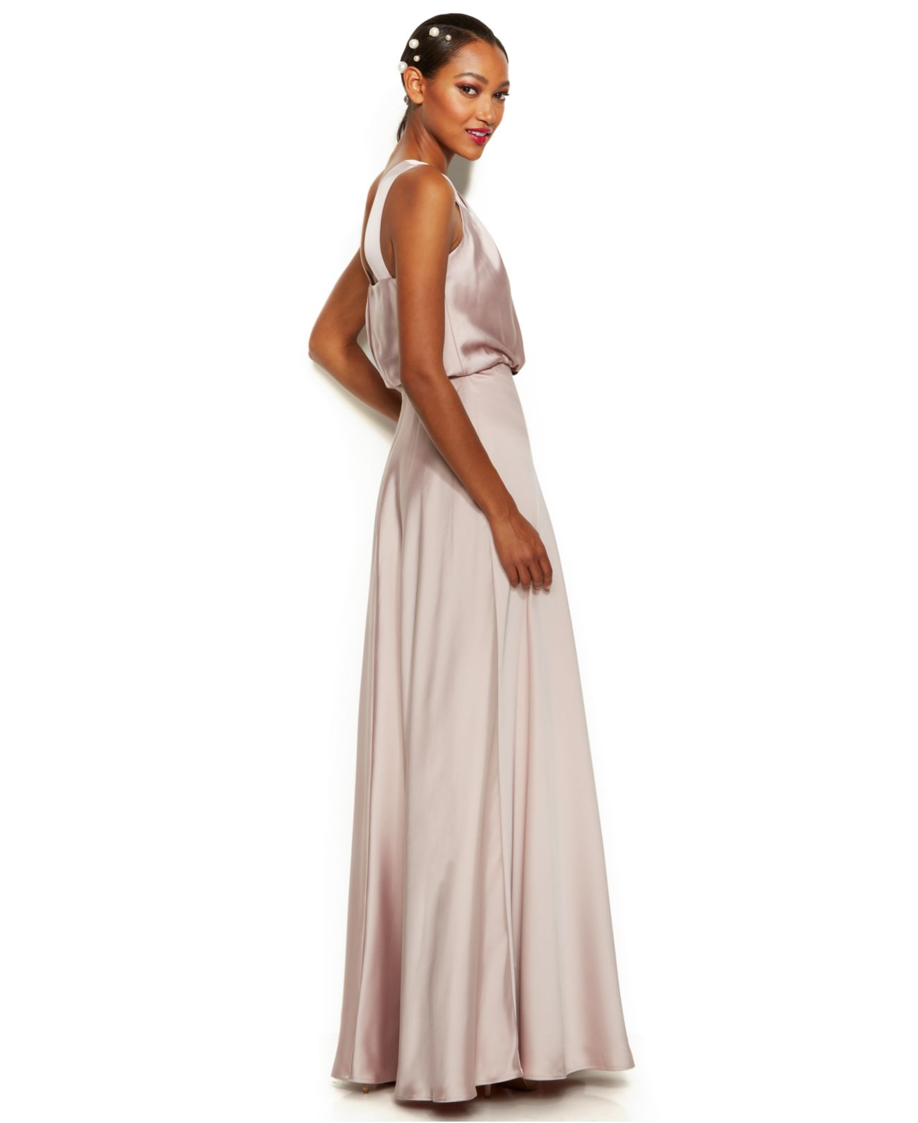 Lyst Calvin Klein Sleeveless Satin Blouson Halter Gown In Pink Gallery