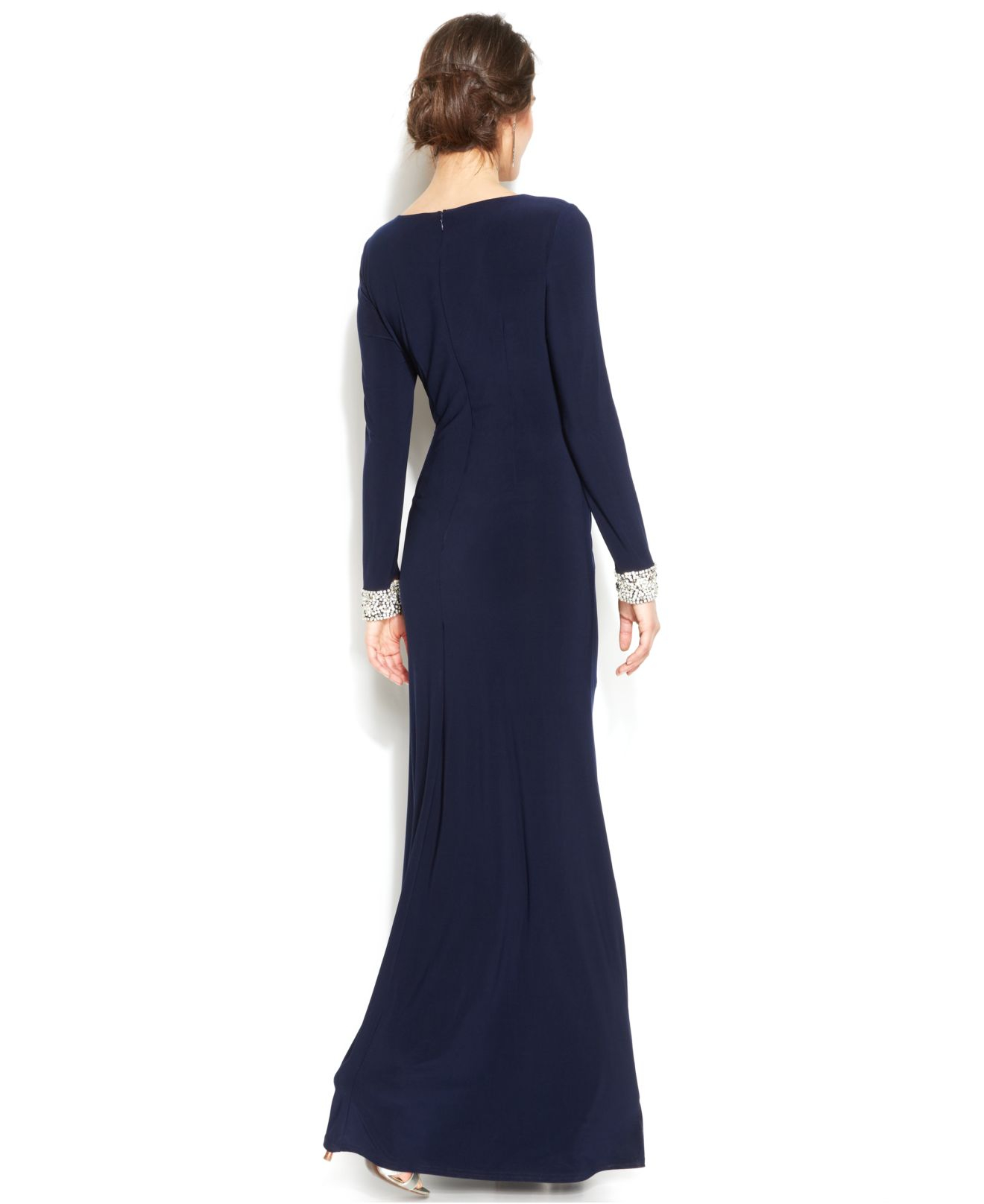 Lyst - Vince camuto Long-sleeve Embellished Faux-wrap Gown in Blue