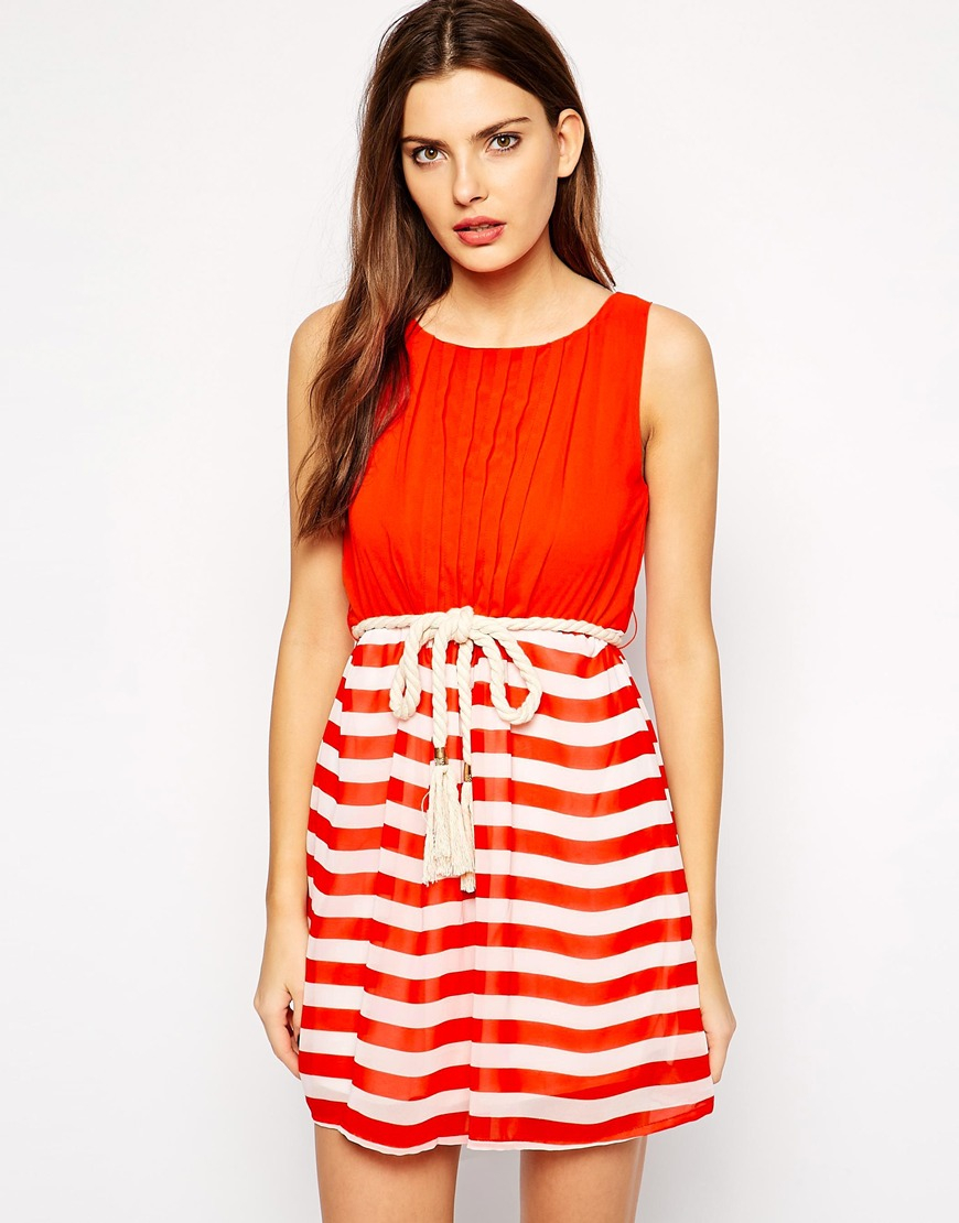 Club l Nautical Stripe Dress With Rope Belt in Red Lyst