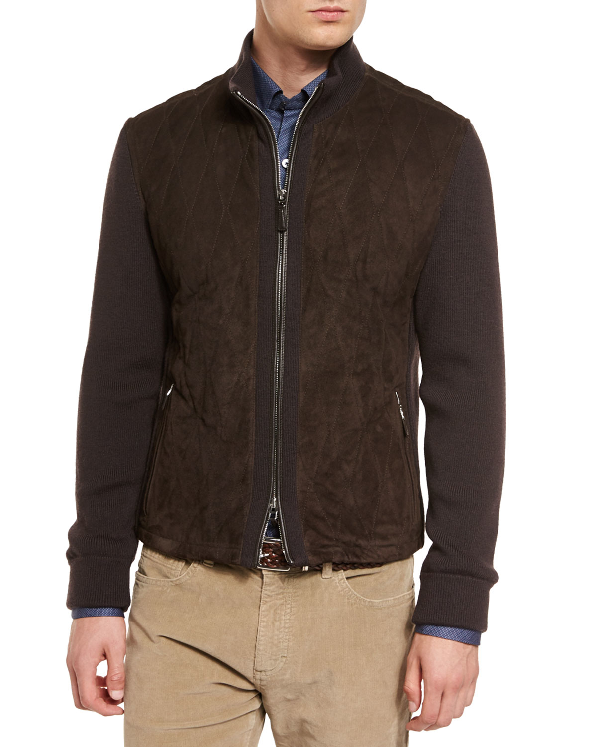 Lyst - Ermenegildo Zegna Quilted Suede Jacket With Knit Sleeves in ...