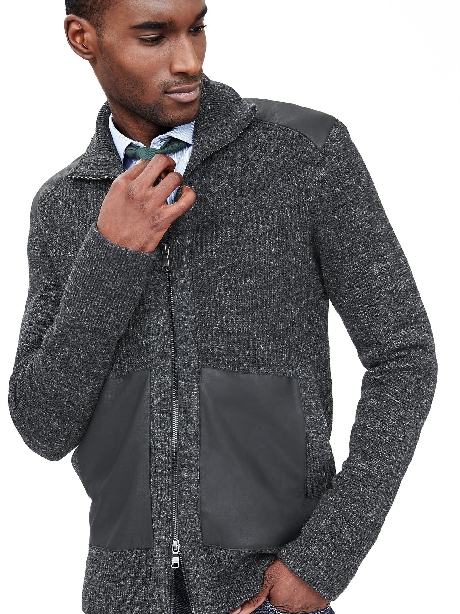 Banana republic Leather-trim Sweater Jacket in Black for Men | Lyst