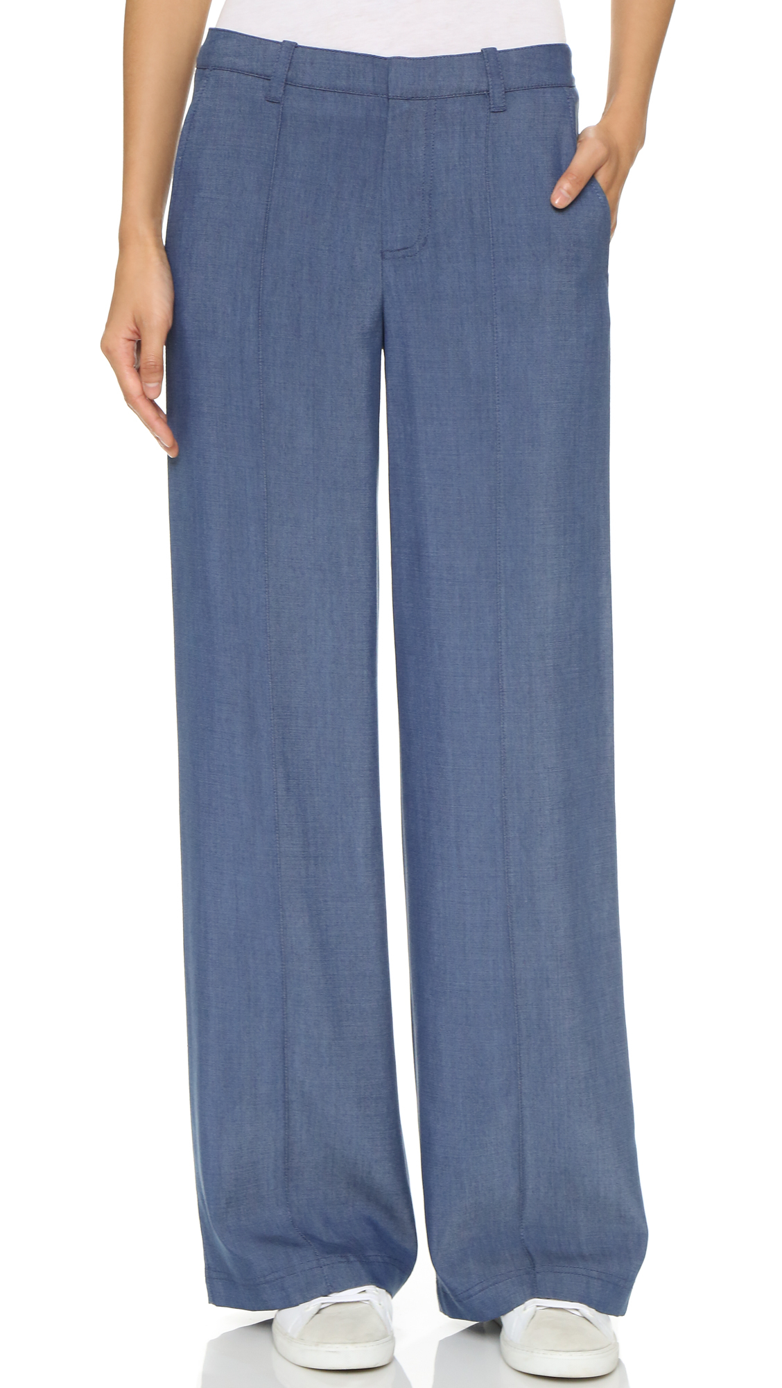 Lyst - Vince Chambray Pintuck Wide Leg Trousers in Blue