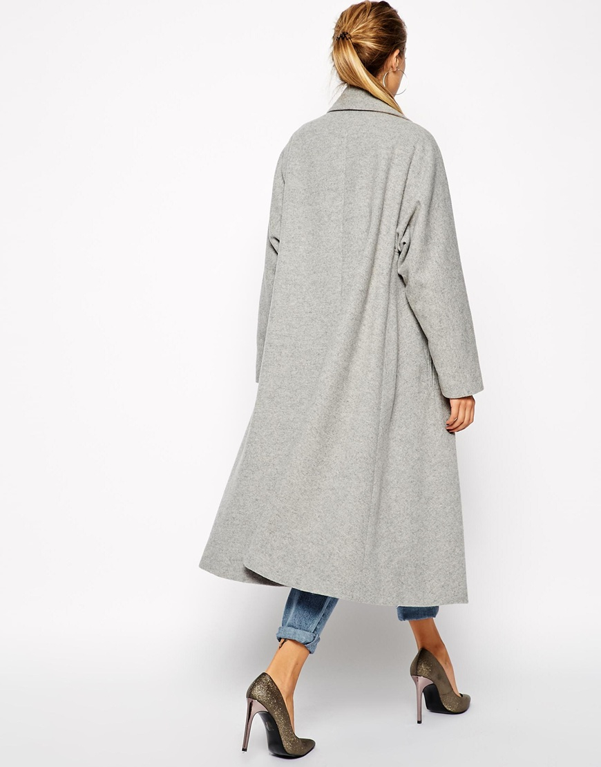 Asos Coat In Midi Swing Trapeze in Gray Lyst