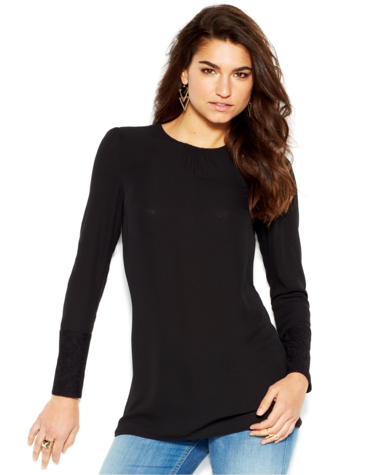 Lyst - Guess Long-Sleeve Open-Back Tunic Top in Black
