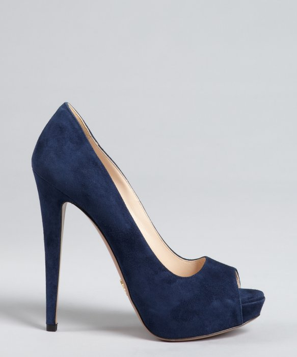 blue suede peep toe pumps