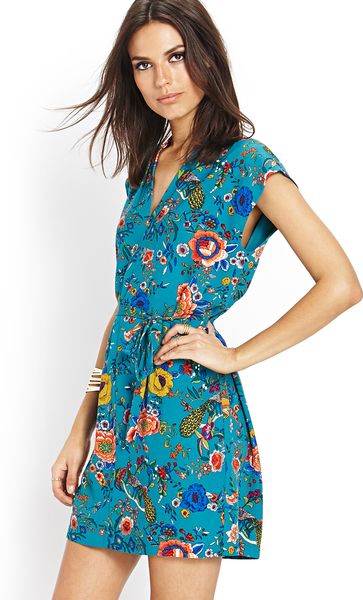 Forever 21 Feathers and Floral Fantasy Dress in Blue (Teal/orange) | Lyst