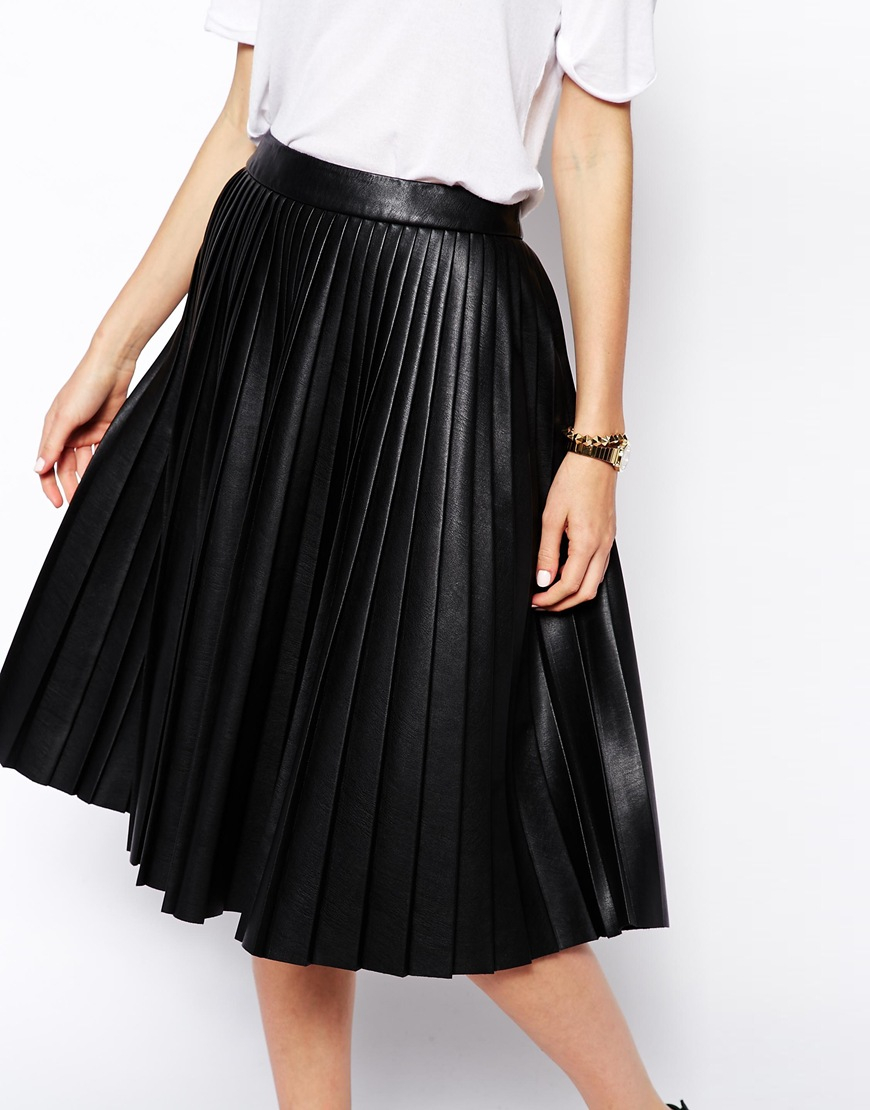 Asos Pleated Midi Skirt In Leather Look in Black | Lyst