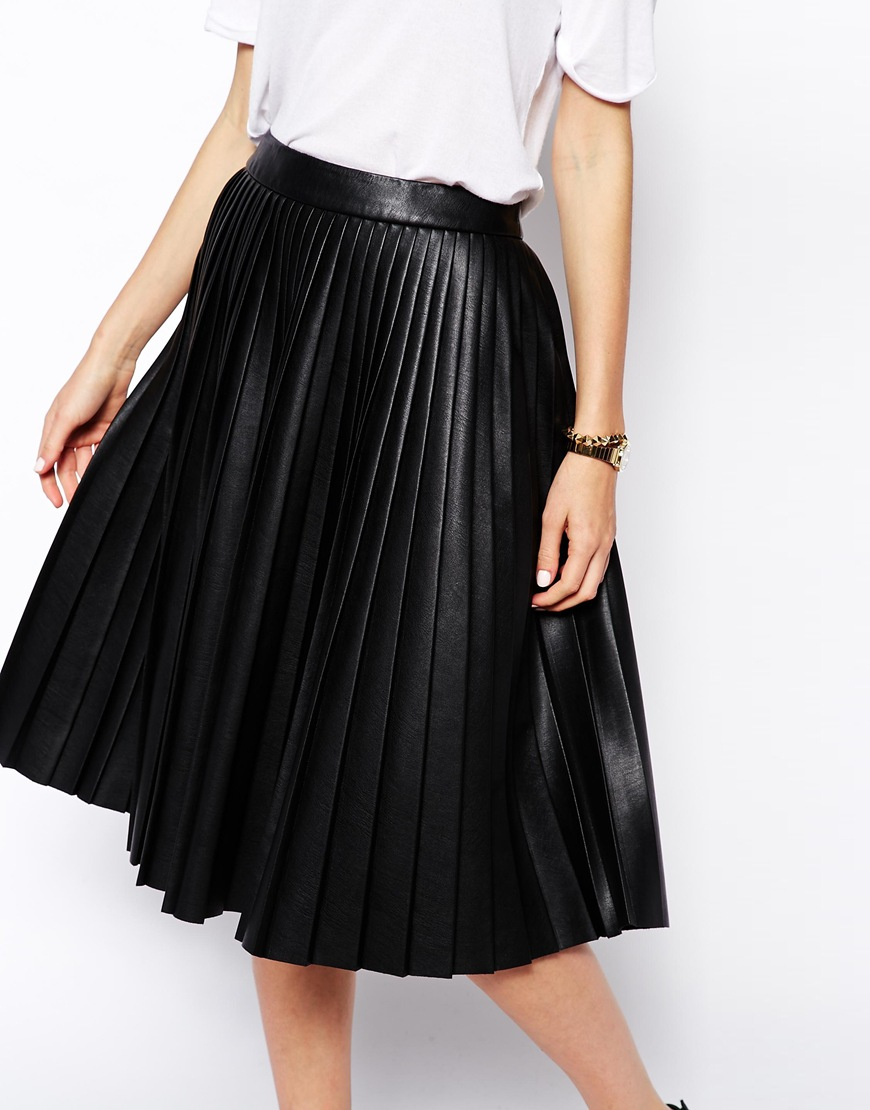 Lyst Asos Pleated Midi Skirt In Leather Look In Black 