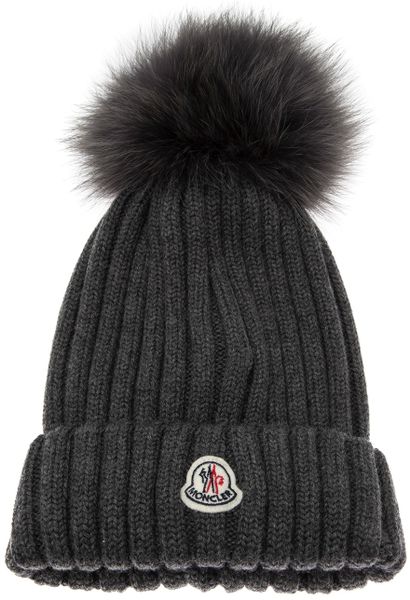 Moncler Cap with Fur Pom Pom in Gray (grey) | Lyst