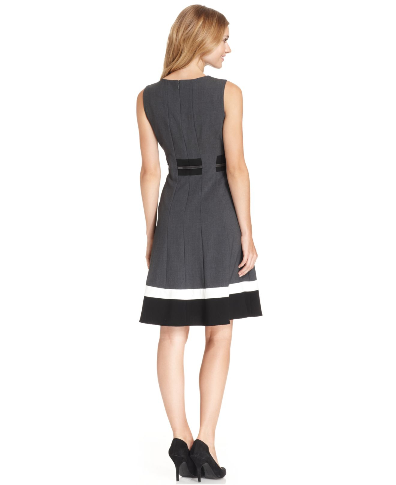 Lyst - Calvin Klein Colorblocked Belted Fit & Flare Dress in Gray