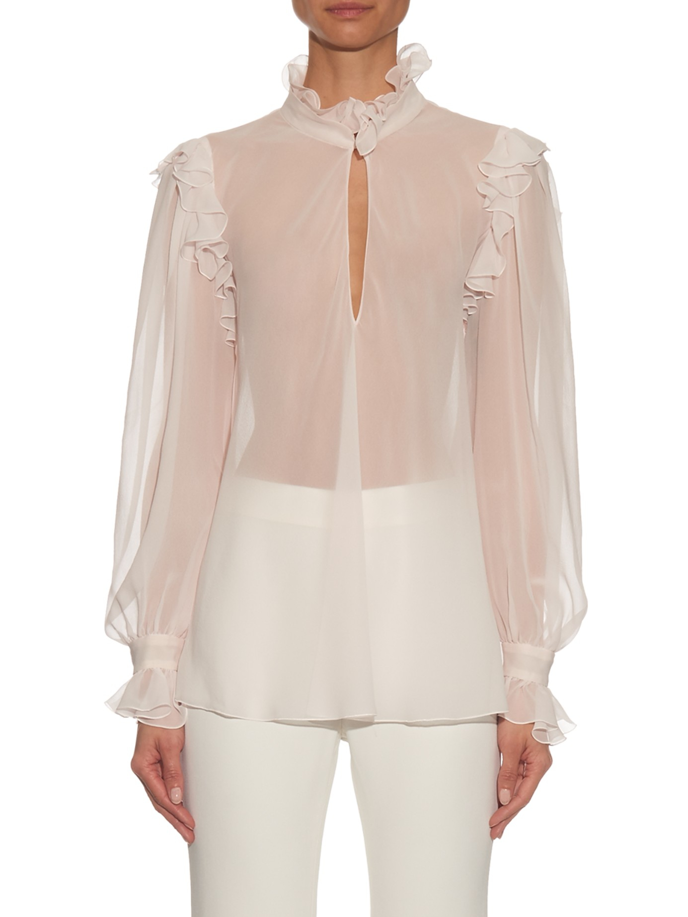 Giambattista Valli Ruffled High-neck Silk-georgette Blouse in White - Lyst