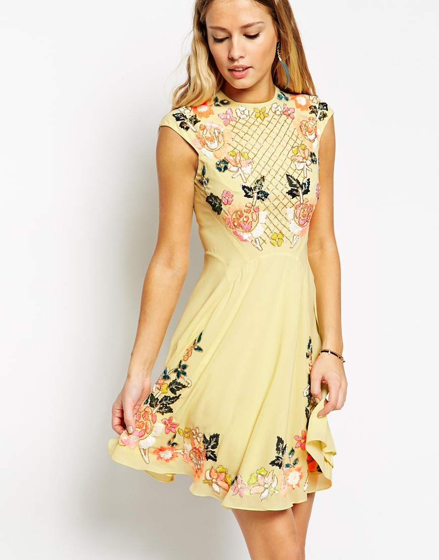 Lyst - Needle & Thread Embellished Floral Circle Dress in Yellow