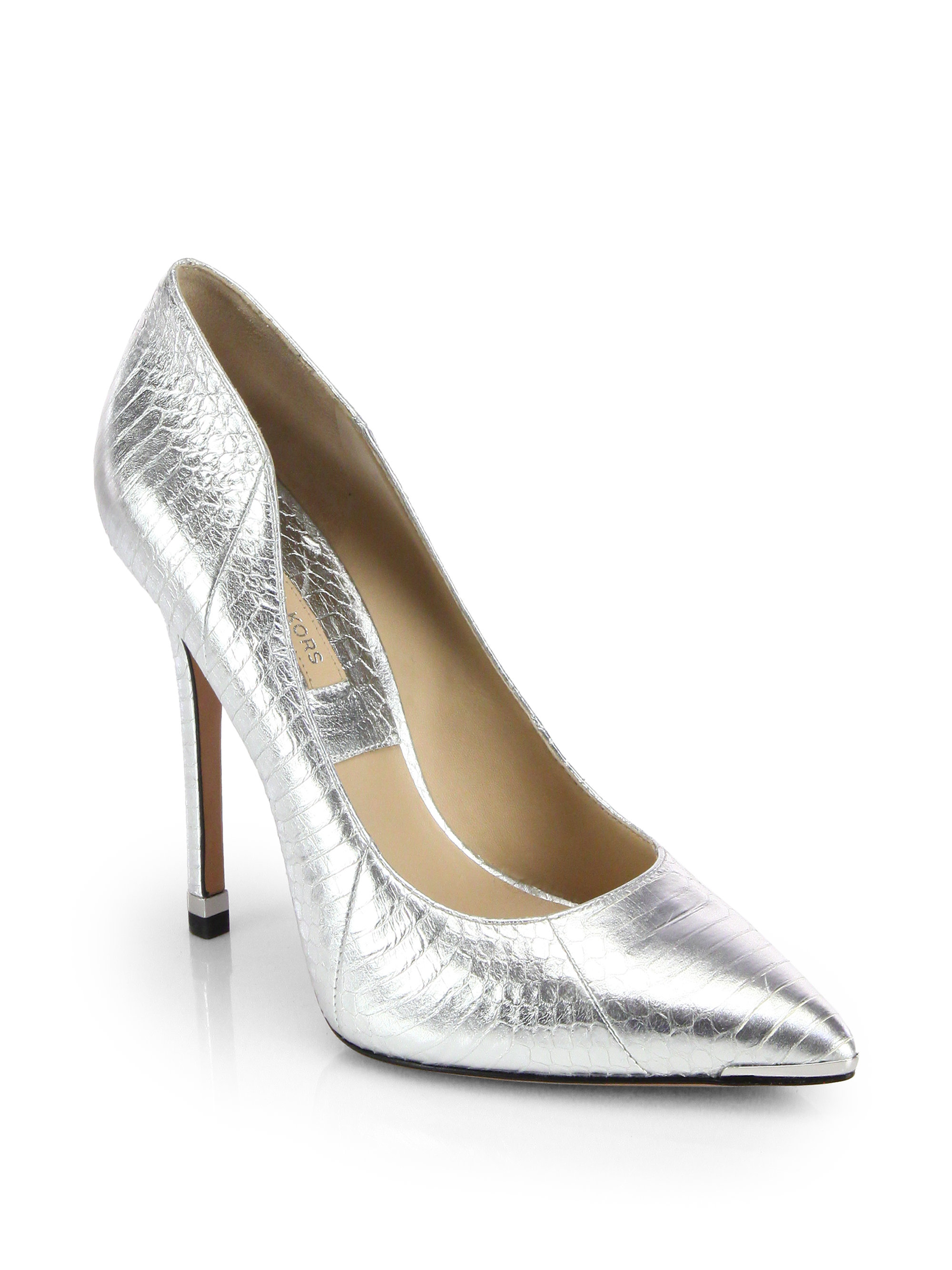 Michael Kors Avra Metallic Snakeskin Pumps in Silver | Lyst