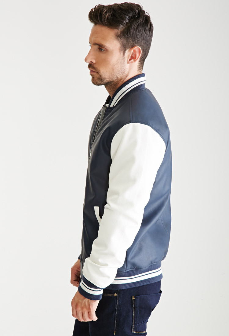 Lyst Forever 21 Colorblocked Faux Leather Varsity Jacket In Blue Gallery Men S Varsity Jackets
