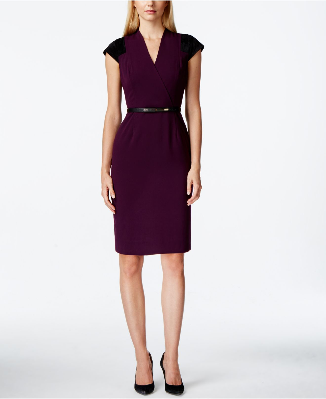 Calvin klein Cap-sleeve Belted Sheath Dress in Purple | Lyst