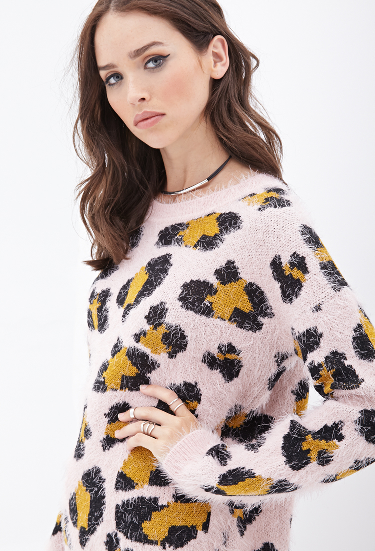 Forever 21 Fuzzy Leopard Pattern Sweater in Pink | Lyst