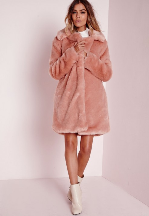 Missguided Longline Faux Fur Coat Pink in Pink | Lyst