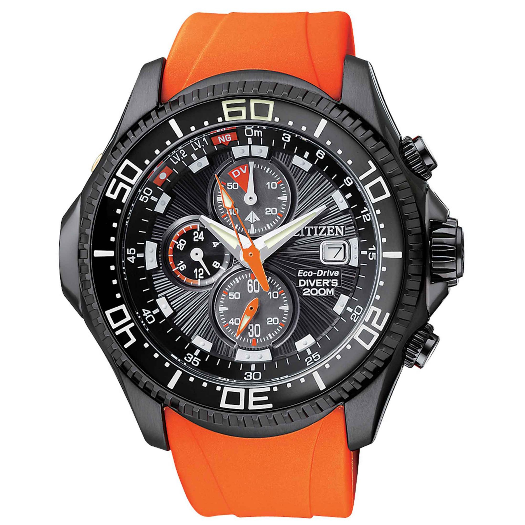 citizen eco drive orange and black chronograph