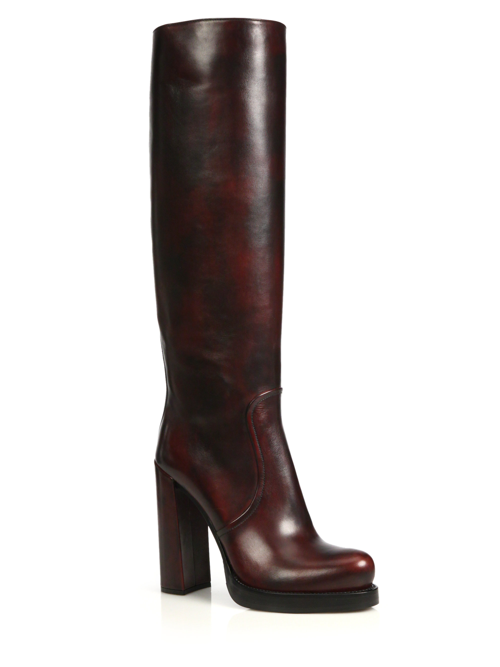 Lyst - Prada Burnished Leather Knee-high Boots in Purple