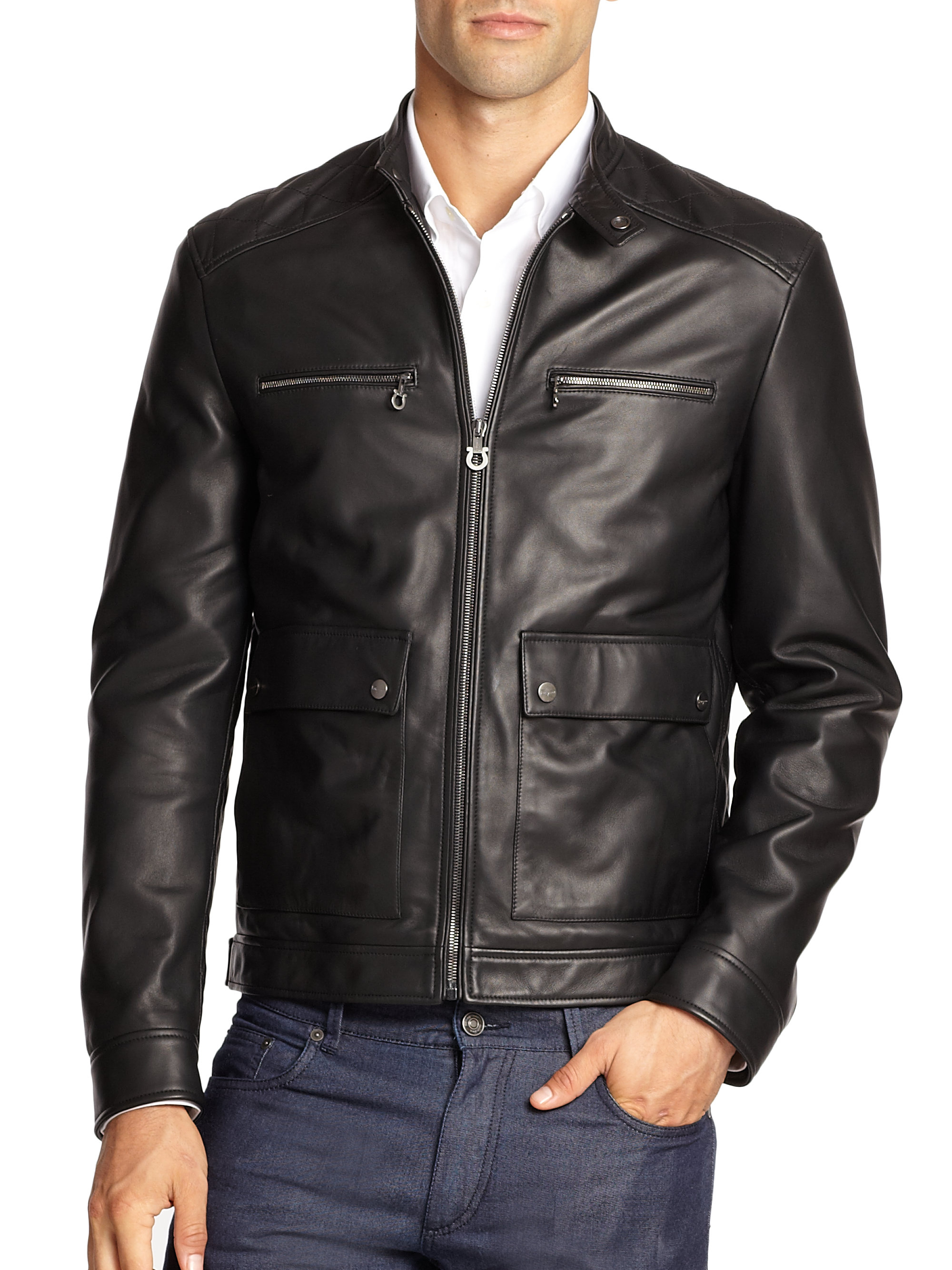Lyst - Ferragamo Quilted Leather Moto Jacket in Black for Men