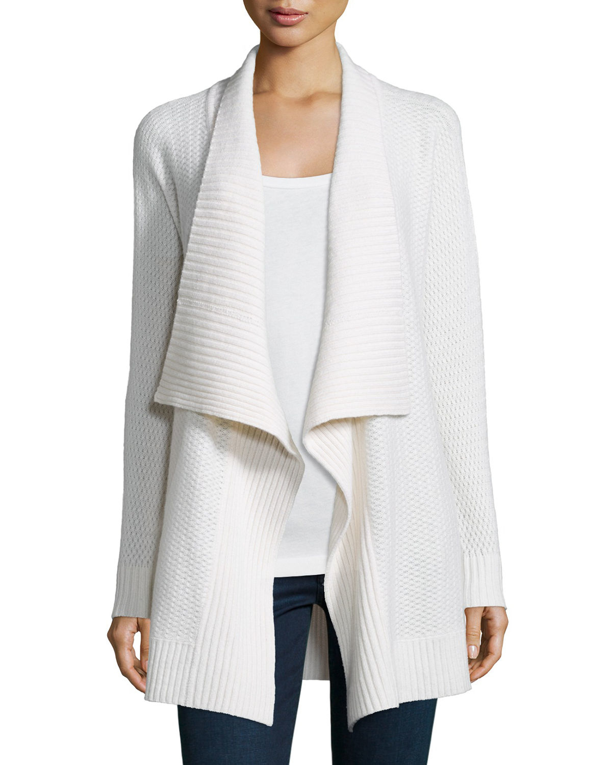 Lyst - Neiman marcus Mixed-stitch Draped Cashmere Cardigan in White