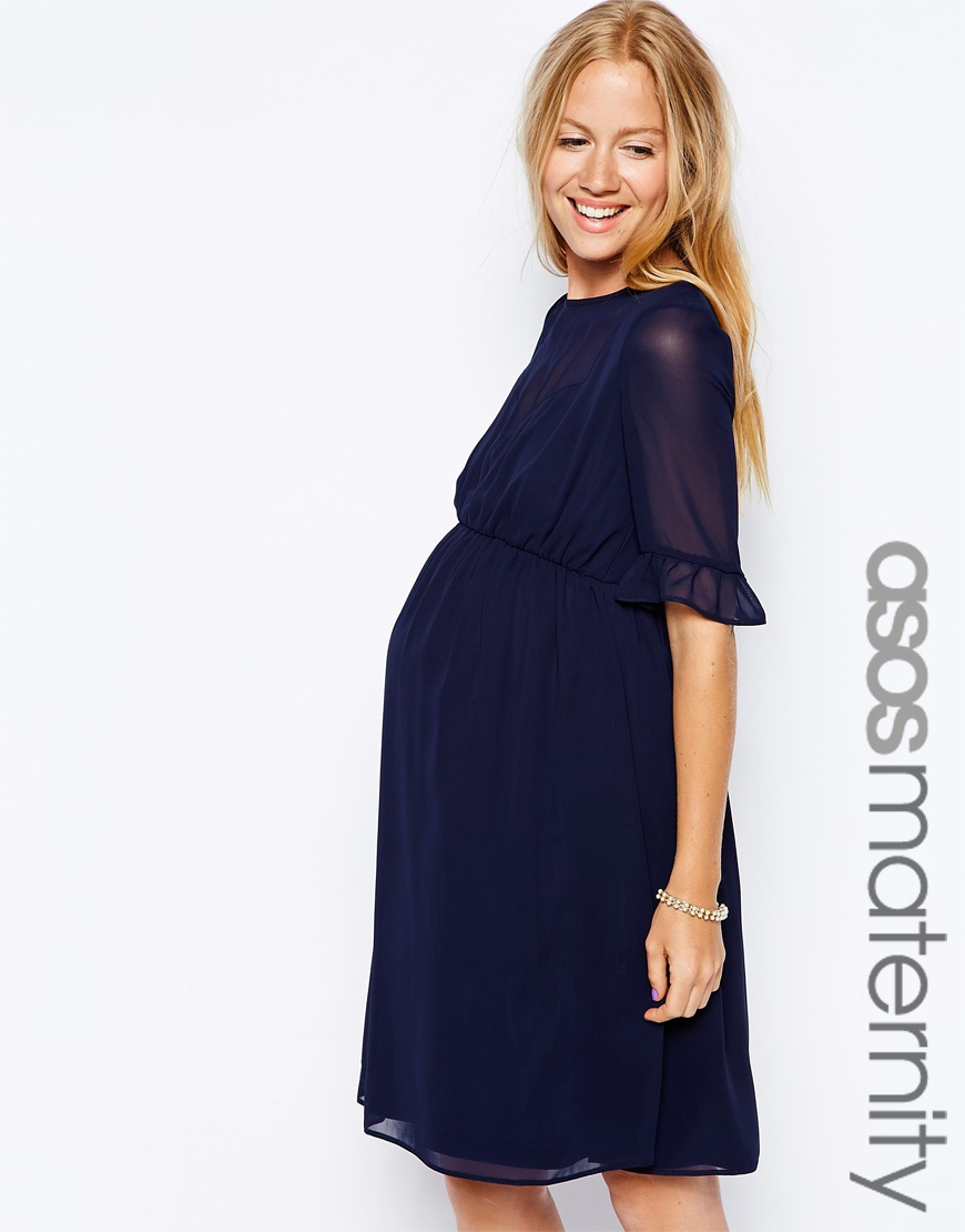 Lyst - Asos Skater Dress In Chiffon With Ruffle Sleeve in Blue