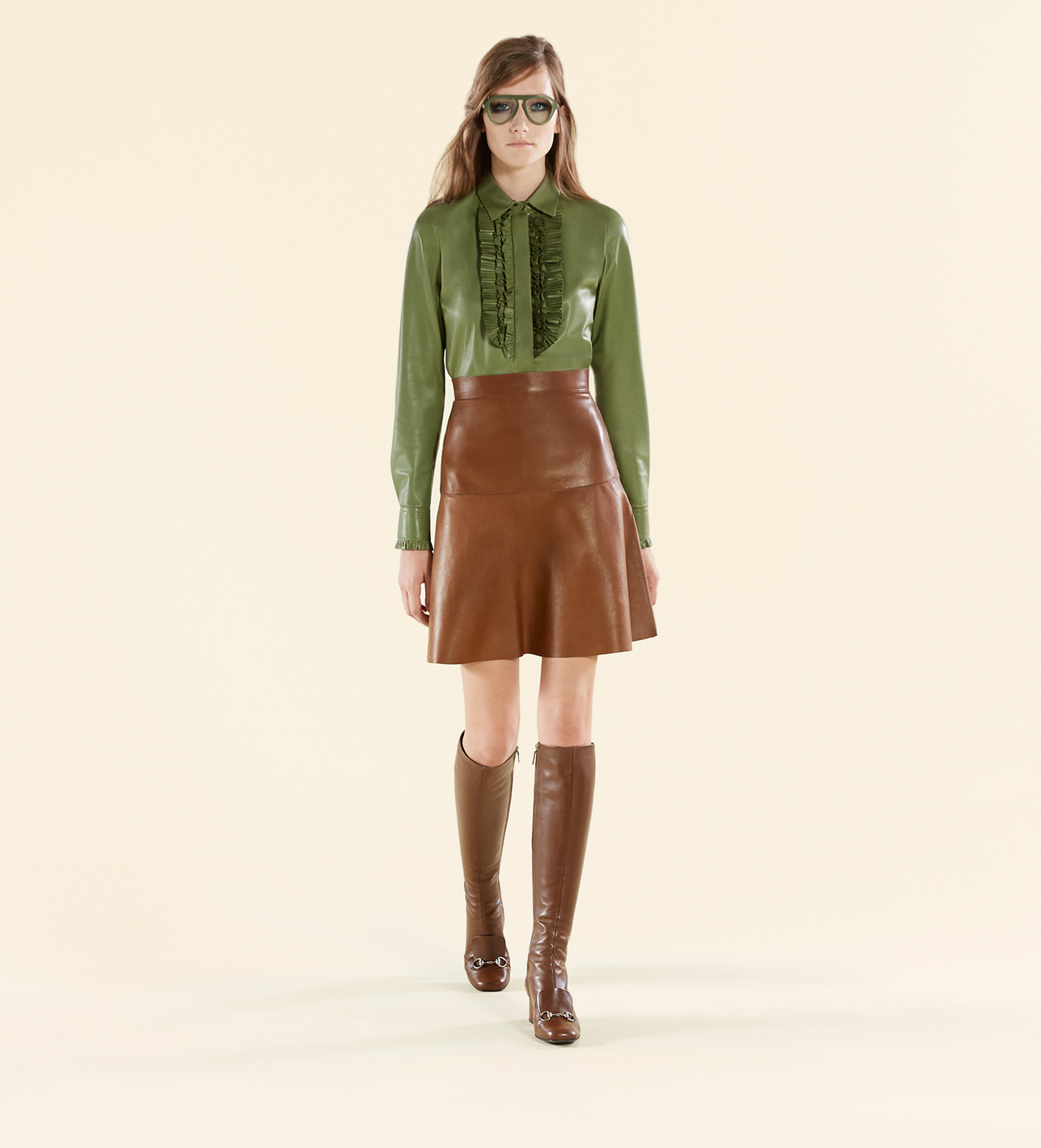 Lyst Gucci Leather Flared Skirt in Brown