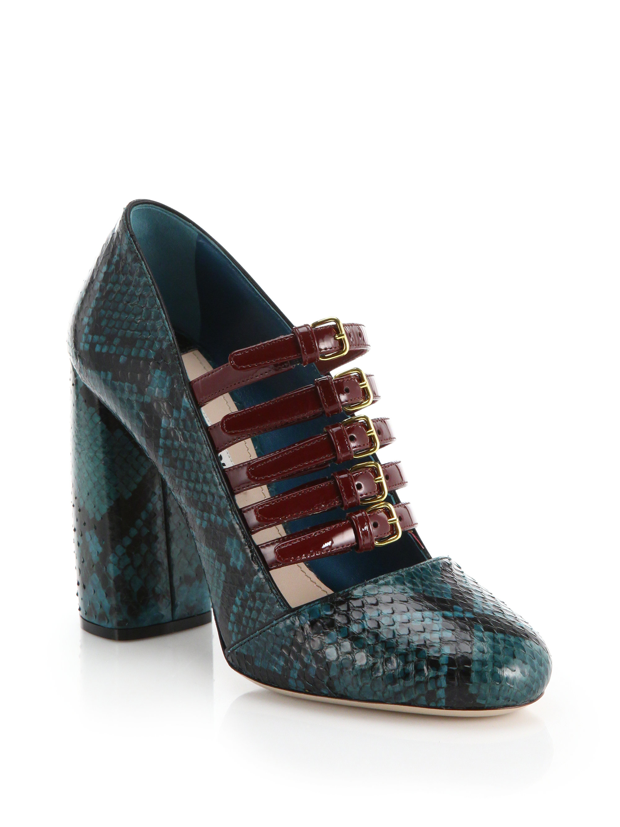 Miu miu Ayers Snakeskin & Patent Leather Mary Jane Pumps in Teal (teal ...